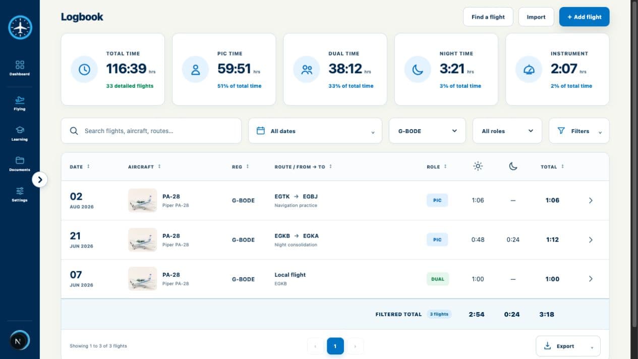 FlightHours logbook filtered to three Piper PA-28 flights with totals