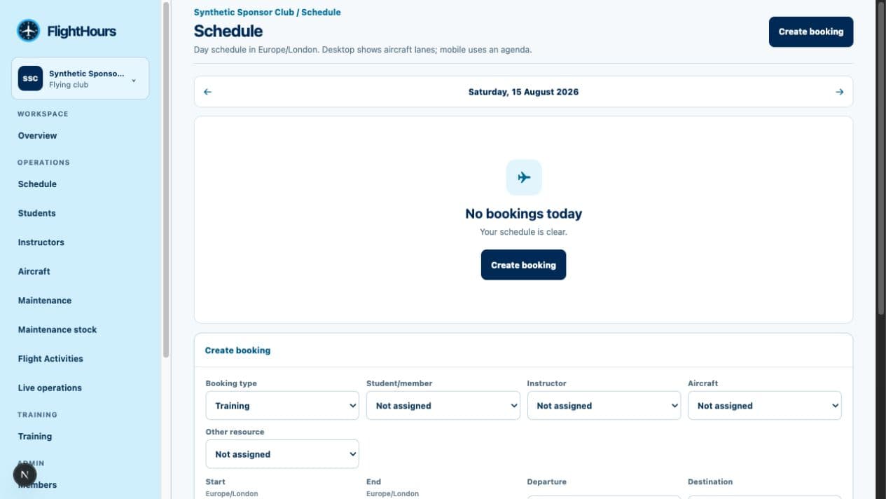 FlightHours organisation schedule showing a day view and booking form