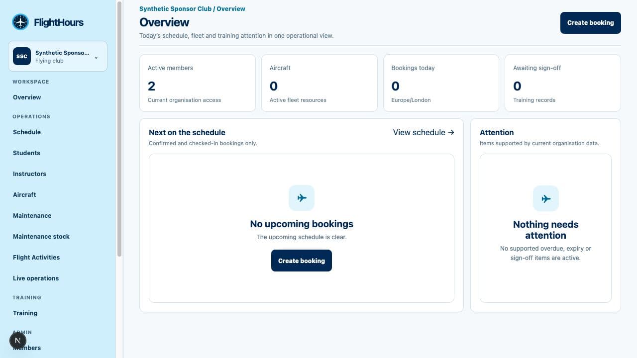 The live FlightHours organisation overview with member, fleet, booking and sign-off summaries